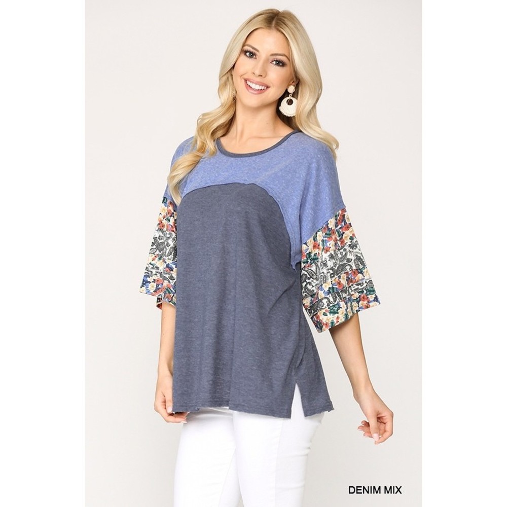Colorblock Knit And Floral Print Mixed Top With Dolman Sleeve - Picture 3 of 7